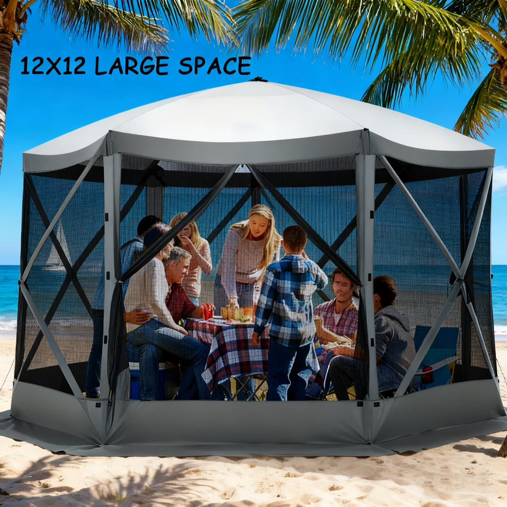 COBIZI 12'x12' Pop-up Gazebo Outdoor Camping Tent with 6 Sides Mosquito Netting, Waterproof, UV Resistant, Portable Screen House Room, Easy Set-up Party Tent with Carry bag, Ground Spike, Brown