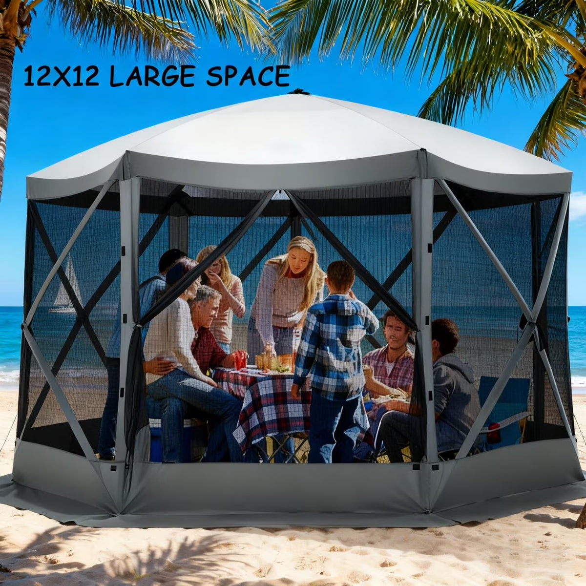 COBIZI 12'x12' Pop-up Gazebo Outdoor Camping Tent with 6 Sides Mosquito Netting, Waterproof, UV Resistant, Portable Screen House Room, Easy Set-up Party Tent with Carry bag, Ground Spike, Brown