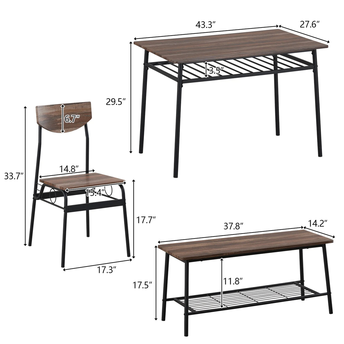 6-Piece Dining Table and Chair Set, Includes 1 Table, 1 Bench and 4 Chairs, Rectangular Kitchen Table and Armless Chairs, Compact Chairs with Curved Backrest for Dining Room