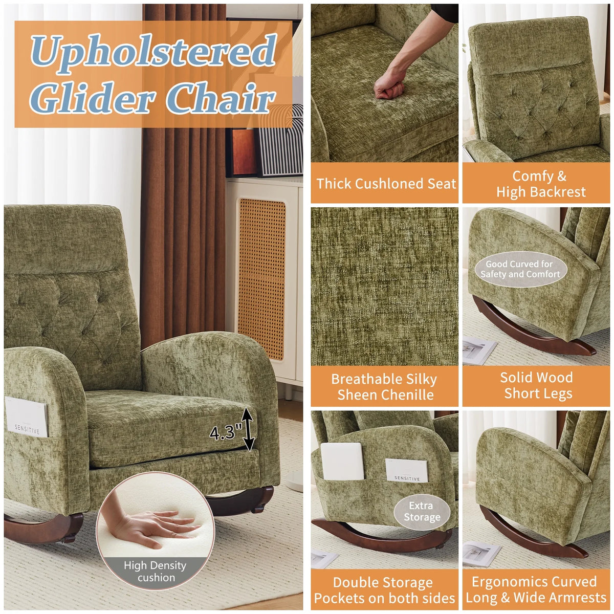 Ktaxon Rocking Accent Chair Glider Reading Chair Comfy Teddy Velvet Upholstered Single Sofa Rocker for Living Room, Nursery, Bedroom Beige