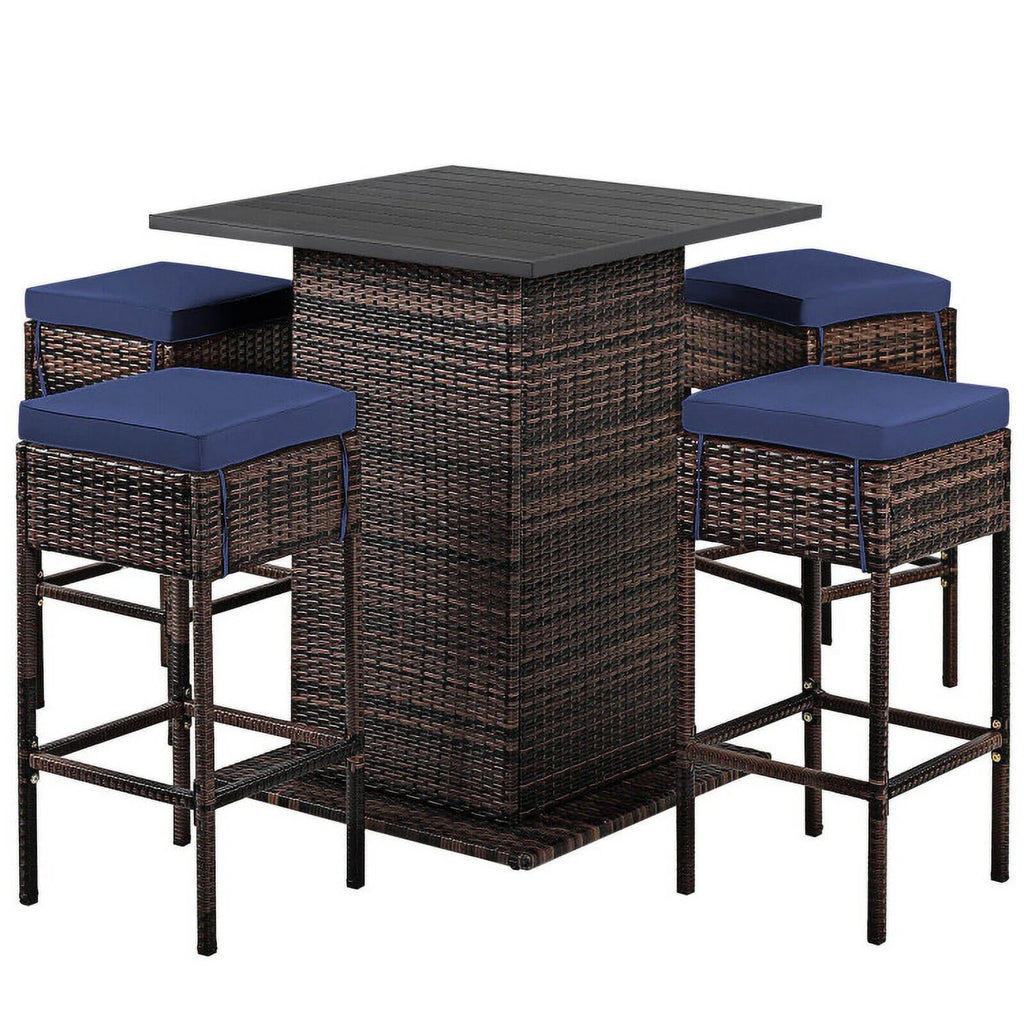 Kadyn Patio Conversation Table Chair Set, Outdoor Collection Set, 5 Pieces Patio Rattan Bar Table Stool Set Hidden Storage Shelf Cushioned-Navy