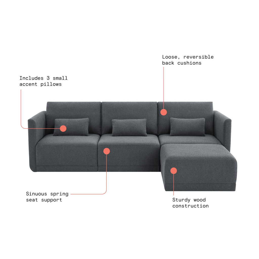 Beautiful Drew Modular Sectional Sofa with Ottoman by Drew Barrymore, Gray Fabric