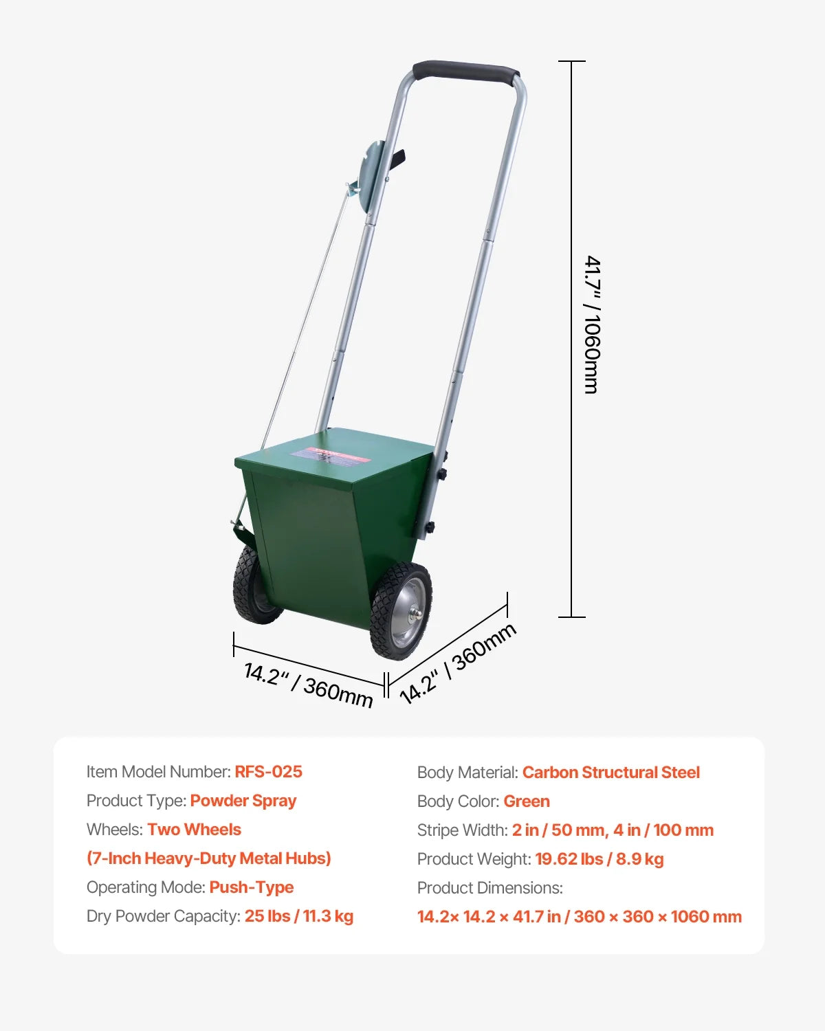 VEVOR Dry Line Marker, 2-Wheel, 2 or&nbsp;4 in Lines, Field Dry Line Chalker, Adjustable Line Marker, with Rubber Adjustment Handle, 25 lbs Large Powder Capacity, for Baseball, Green