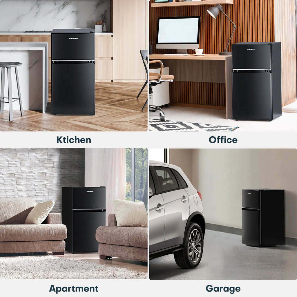 Upstreman 3.2 Cu.Ft Mini Fridge with Top Freezer, 2 Door Small Compact Refrigerator, Energy Saving, Adjustable Thermostat, Adjustable Legs, for Apartment Office Dorm Bedroom Garage RV, BD321 Black