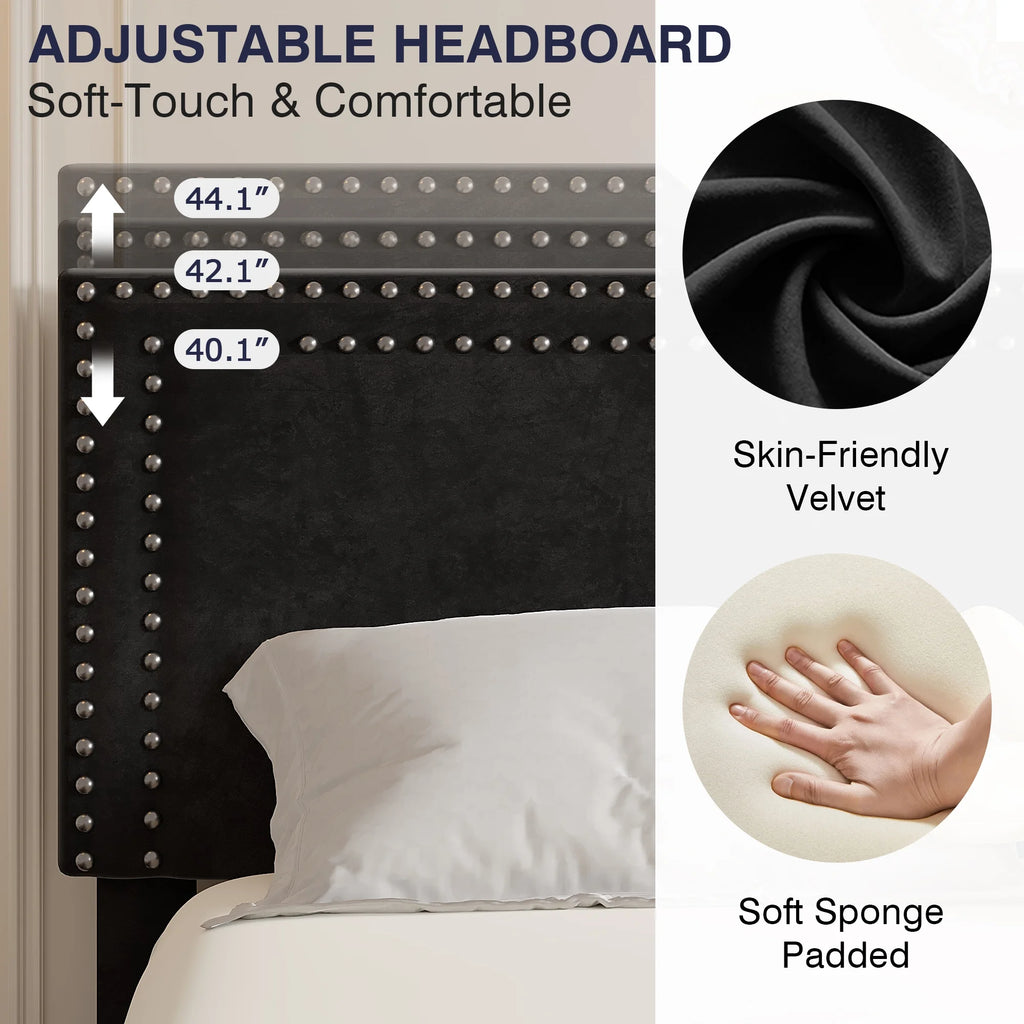 VECELO Full Bed Frame with 4 Storage Drawers (Wheeled) and Tufted Upholstered Adjustable Headboard Platform Bed, Beige