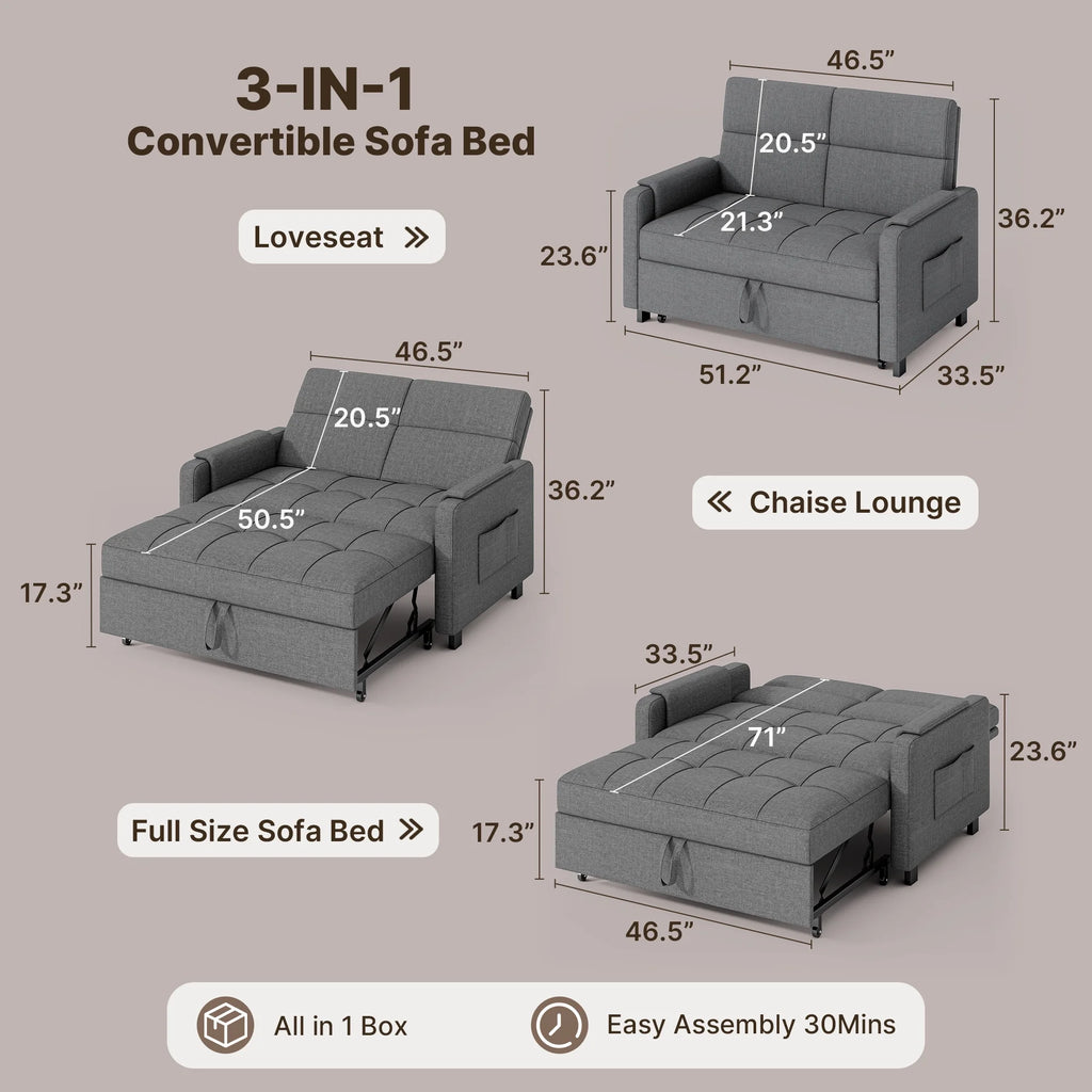 Sofa Bed, Lofka 3-in-1 Convertible Sleeper Sofa with Storage, Adjustable Backrest & Pull Out Function - Sleeper Chair for Small Space, Apartment, Dark Grey