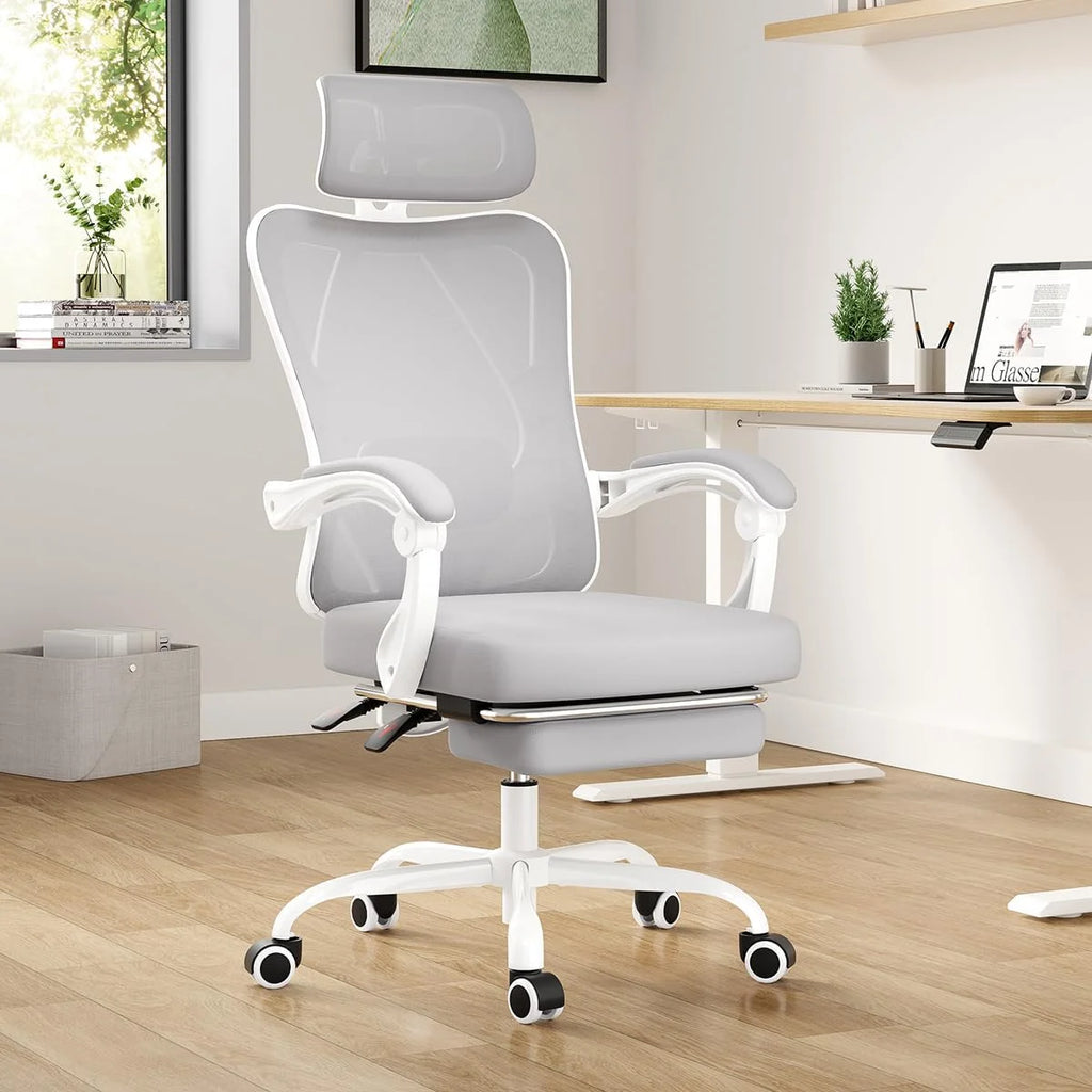 STARY Ergonomic Office Chair with Footrest, High Back Mesh Desk Chair with Adjustable Headrest & Lumbar Support, Comfortable Computer Chair for Home Office Study, White & Beige