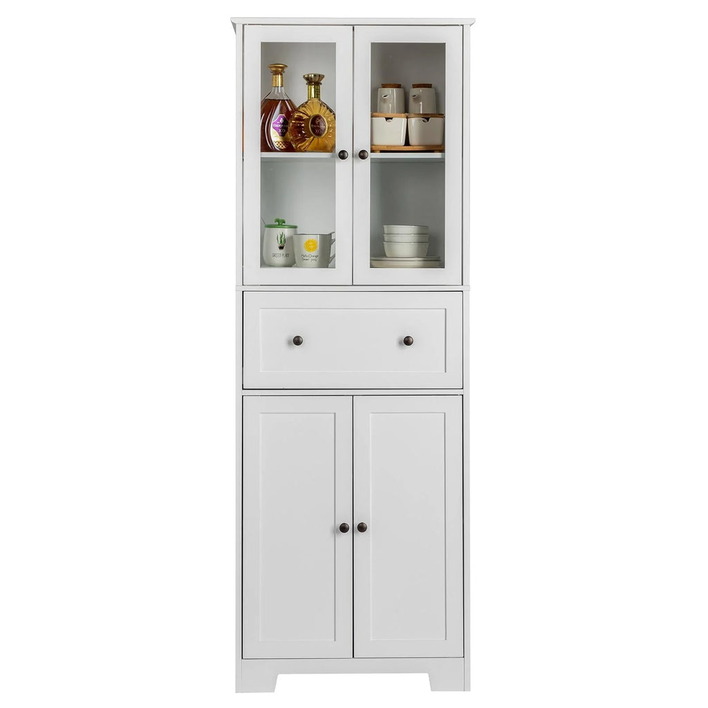 Ktaxon 64" Tall Bathroom Storage Cabinet Organizer, Freestanding Kitchen Pantry Cabinet Line Tower with 2 Glass Doors, Large Drawer & 4 Adjustable Shelves for Dining Room Living Room Home Office,White