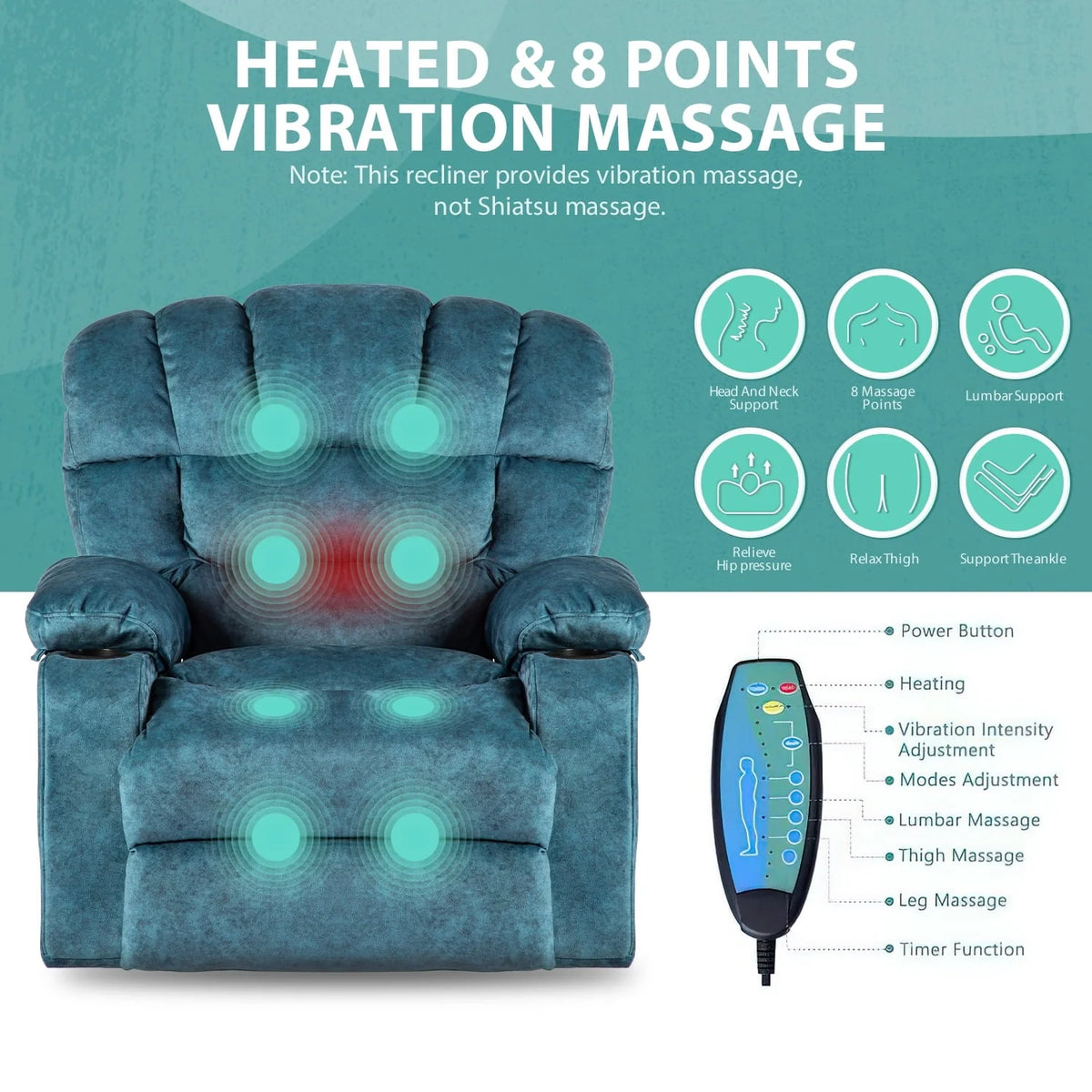 Colerline 40.9" Wide Super Soft and Oversize  Modern Design Velvet Upholstered Manual Recliner Chair with Heating and Massage, Green