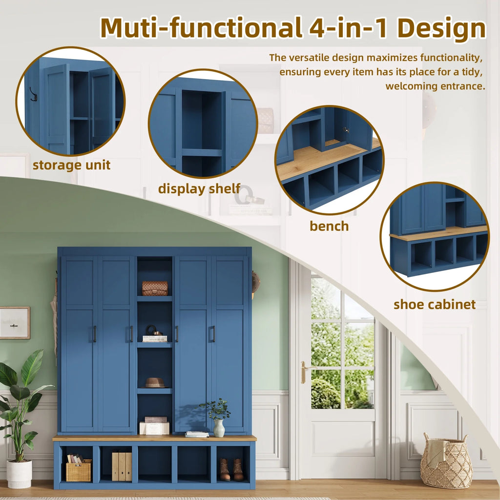 63" Farmhouse Hall Tree with Bench and Shoe Storage, 4-in-1 Entryway Bench with 4 Storage Cabinets, 5 Shoe Cabinets and 6 Hanging Hooks, Black
