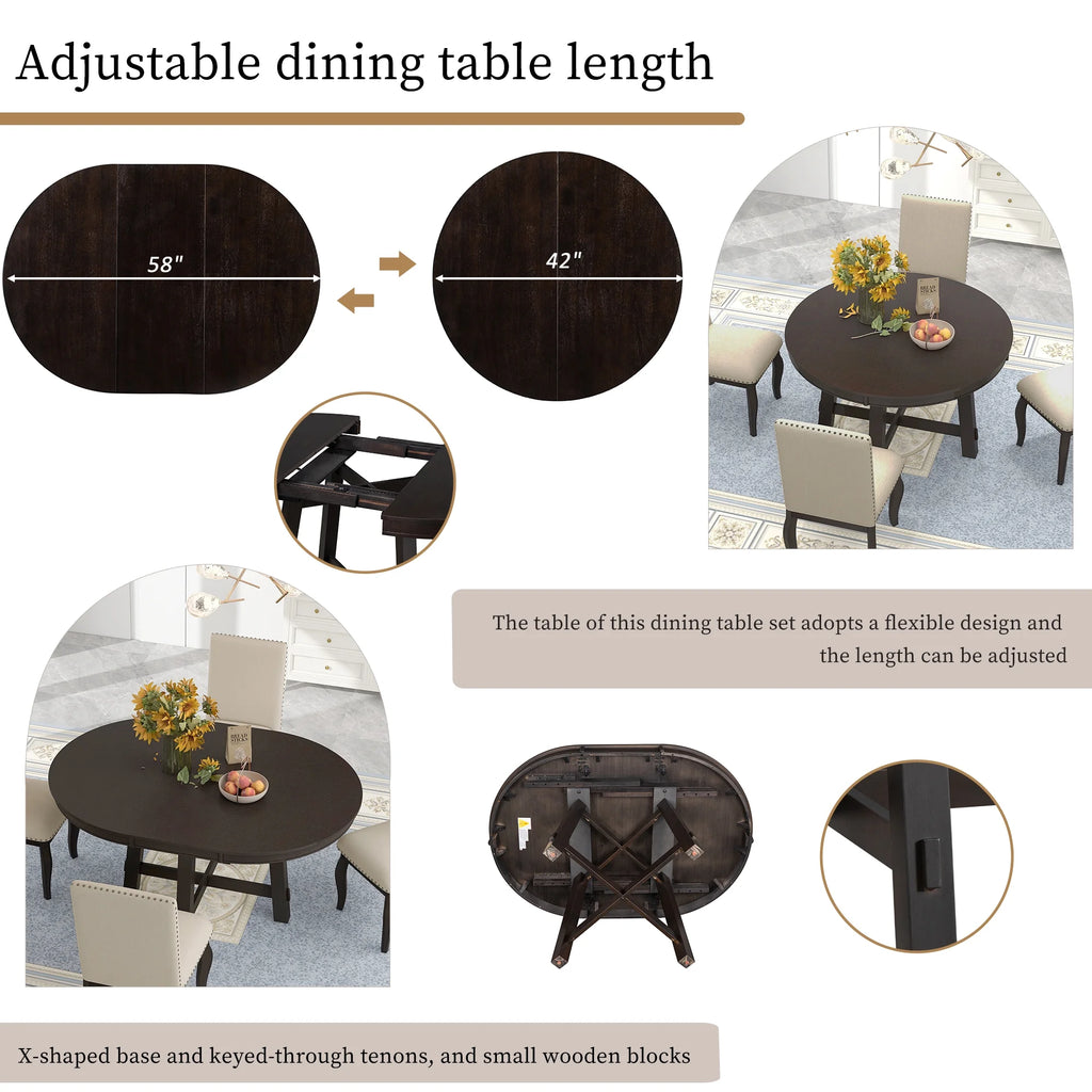 Harper & Bright Designs Round Extendable Dining Table Set for 4, 5 Piece Farmhouse Wood Dining Table Set with 4 Upholstered Dining Chairs, Natural Wood Wash