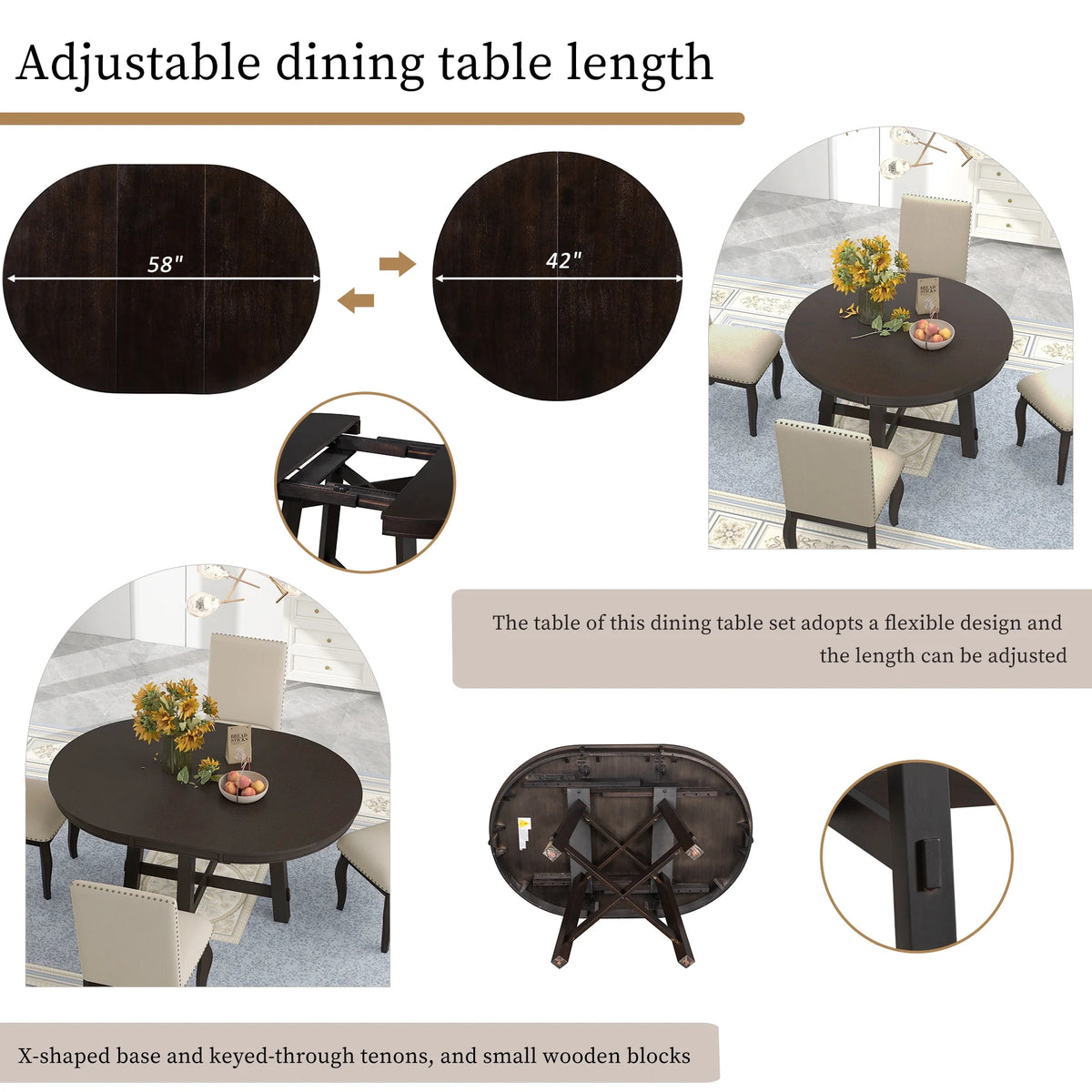 Sumdeal 5-Piece Farmhouse Dining Table Set, Wood Round Extendable Dining Table and 4 Upholstered Dining Chairs (Espresso-1Table 4 Chairs)