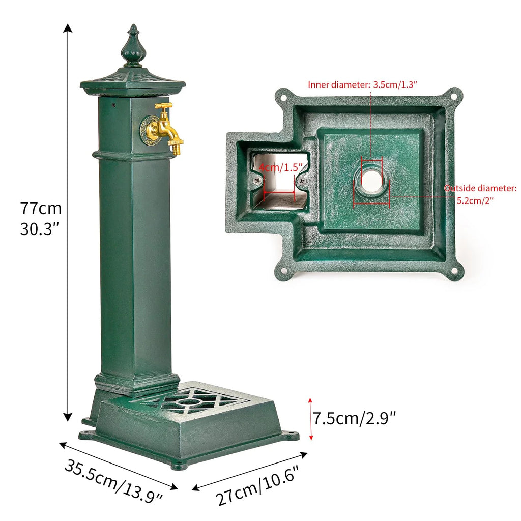 Sungmor Cast Iron Outdoor Water Column with Faucet, Freestanding Floor Farm Yard Decor, Green, 1 Count