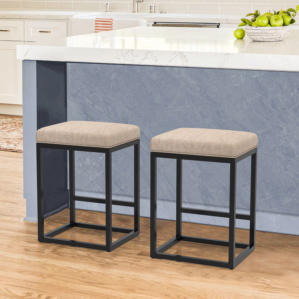 Nathaniel Home 24 Inch Bar Stools Set of 2, Modern PU Leather Metal Barstool, Backless Kitchen Dining Cafe Stool, Upholstered Bar Stool with Footrest, Gray