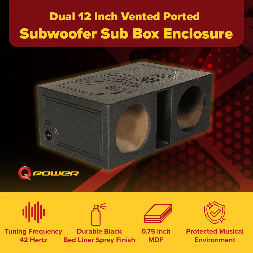 QPower QBOMB12VL 12 Inch Dual Vented Ported Car Subwoofer Sub Box Enclosure