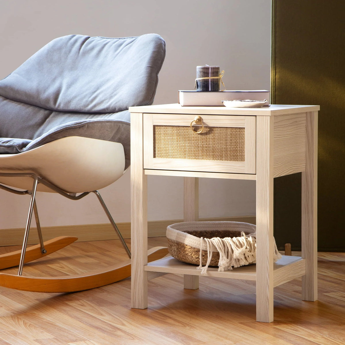 Surmoby Farmhouse Rattan Nightstand Set of 2,Boho Bedside Tables with Storage Drawer and Open Shelf - Side Table End Tables for Bedroom or Living Room