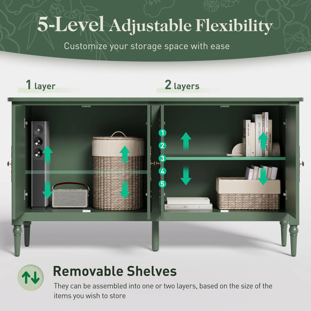 CozyHome Mid Century Modern Sideboard Buffet Cabinet with Storage, 58'' Console Cabinet, Green