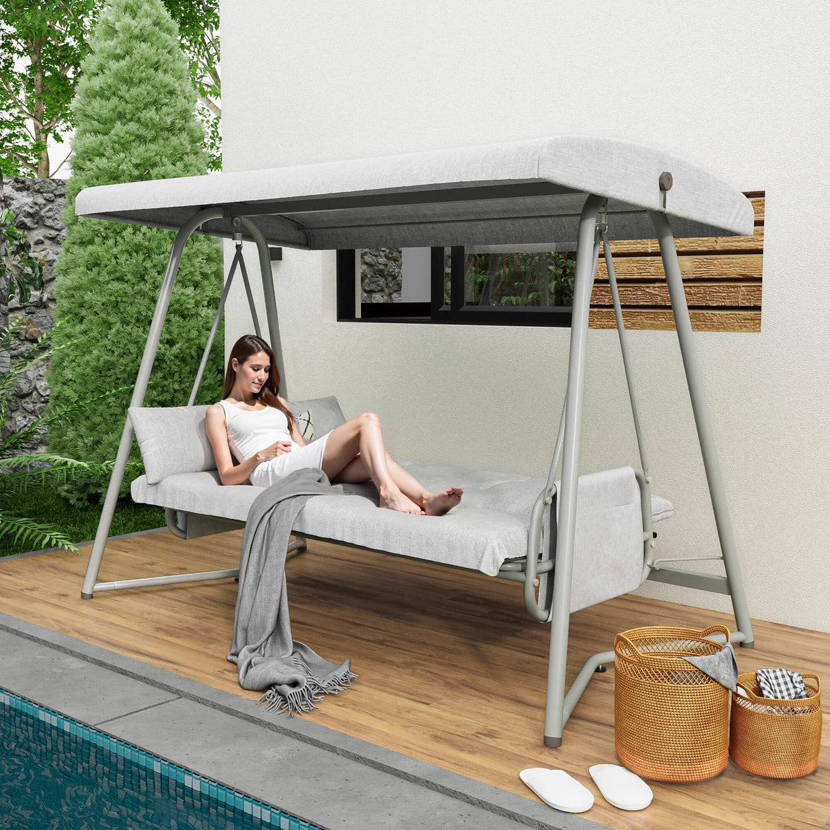 TQKVIPI Oversized 4 Person Outdoor Porch Swing with Adjustable Backrest Canopy,2-in-1 Swing Bed 800 lbs Capacity,Patio Swing with Removable Cushions for Yard Garden Poolside Balcony