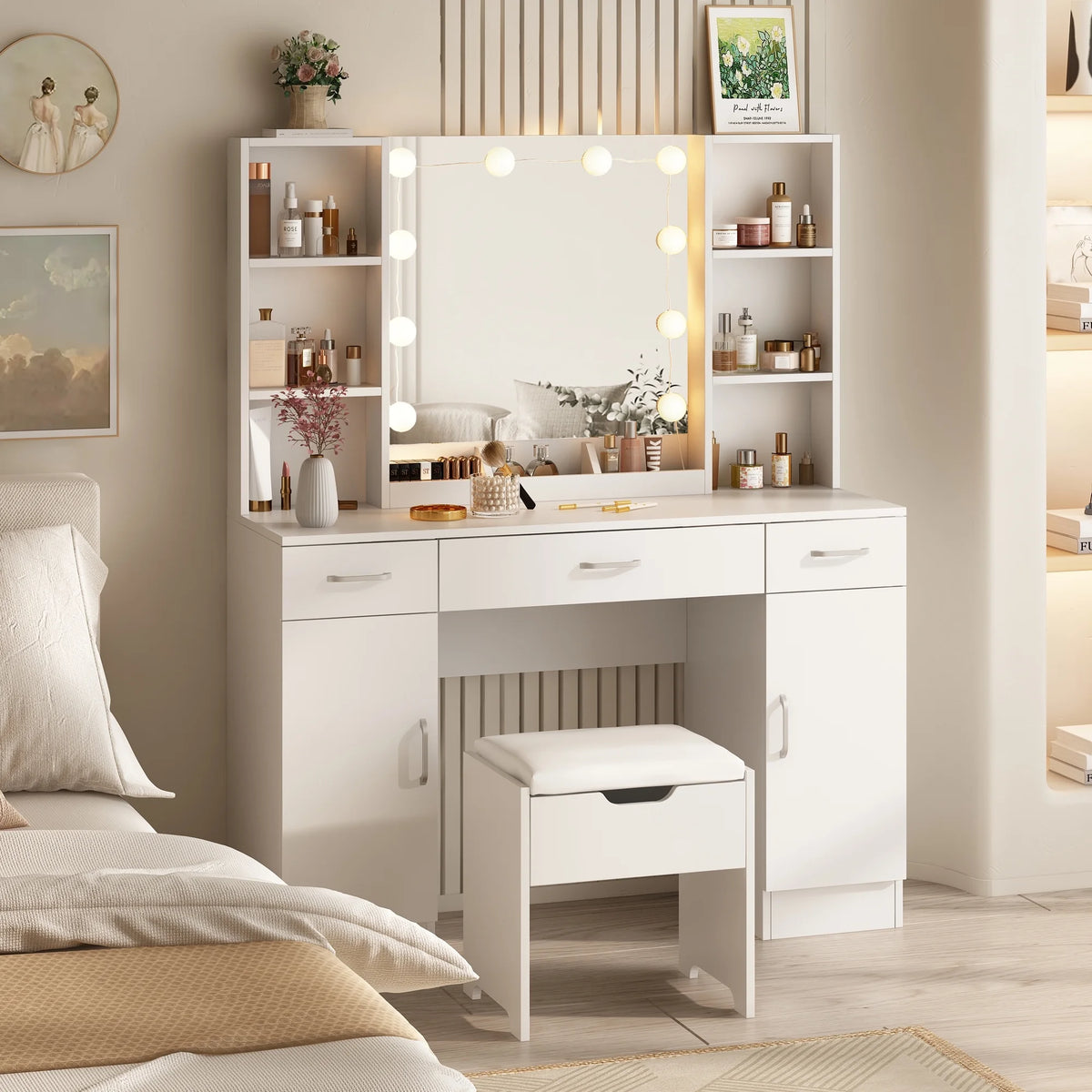 VEANERWOOD Large Makeup Vanity Set with Light Modern Makeup Vanity Table with Storage and Adjustable Lighting Colors for Bedroom 45.2in, White