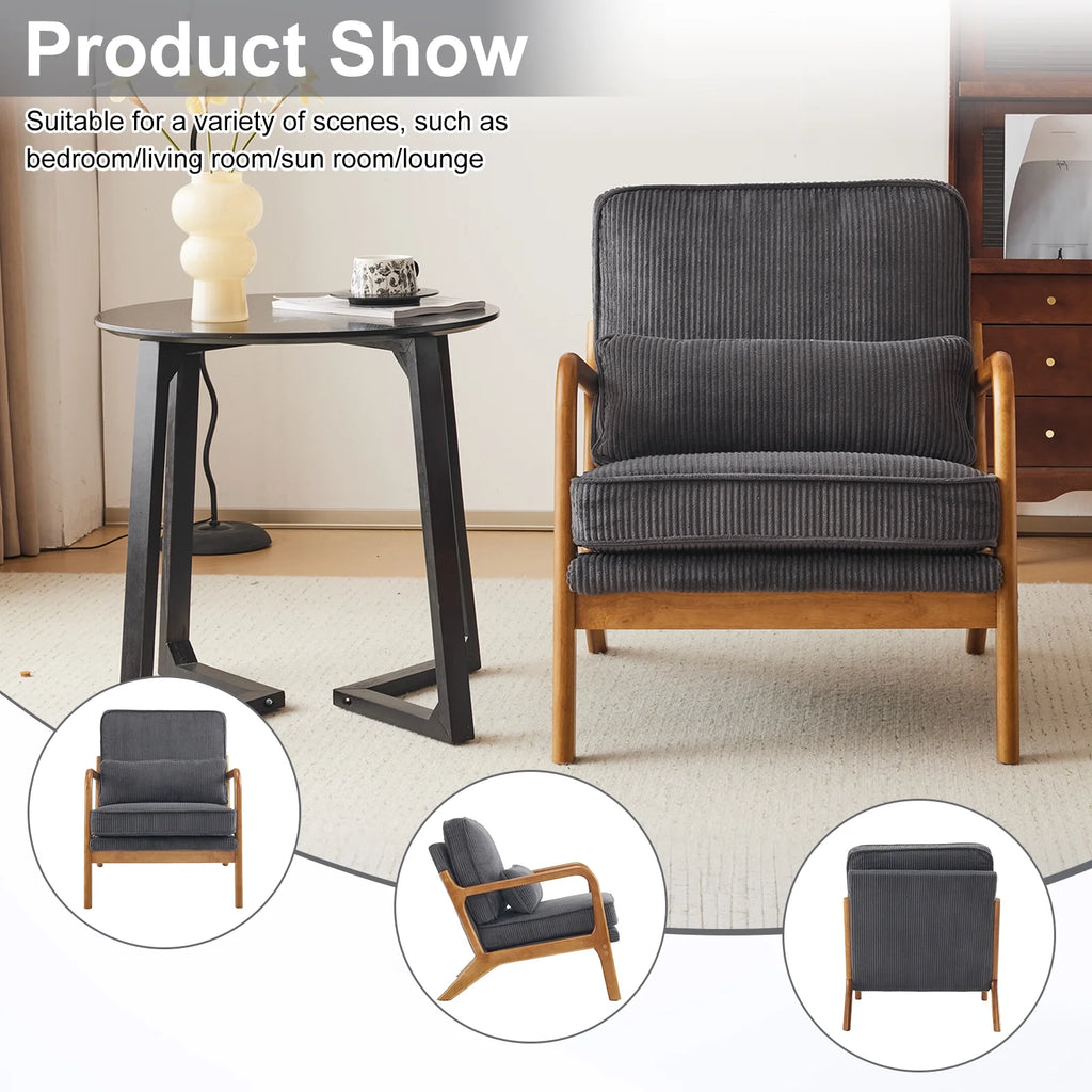 Ktaxon Accent Chair Corduroy Upholstered Armchair, Reading Club Chair with Pillow and Solid Wood Frame for Living Room Bedroom Furniture Off White