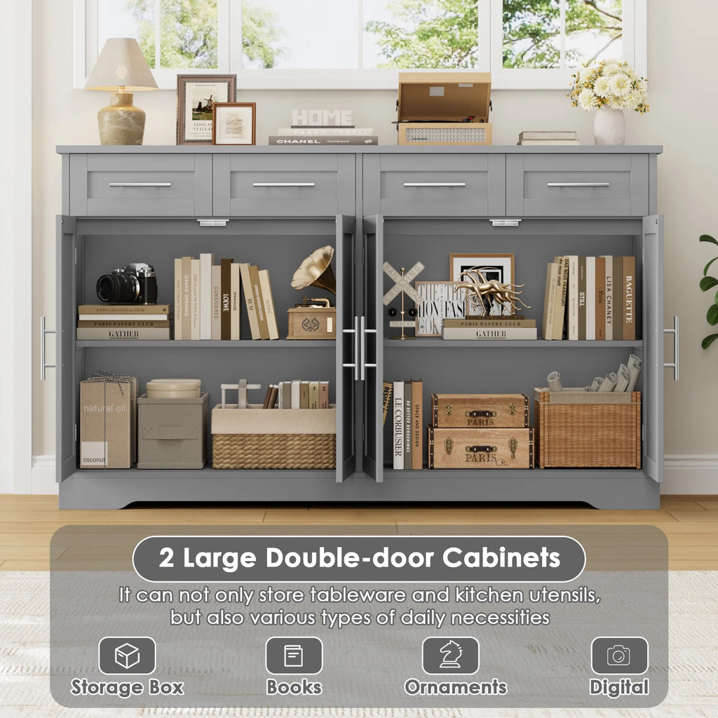 Homfa Farmhouse Buffet Cabinet with 4 Drawers and 4 Doors, 59" W Sideboard Buffet Storage Cabinet with Shelves, for Kitchen Living Room Bedroom, Wash Gray
