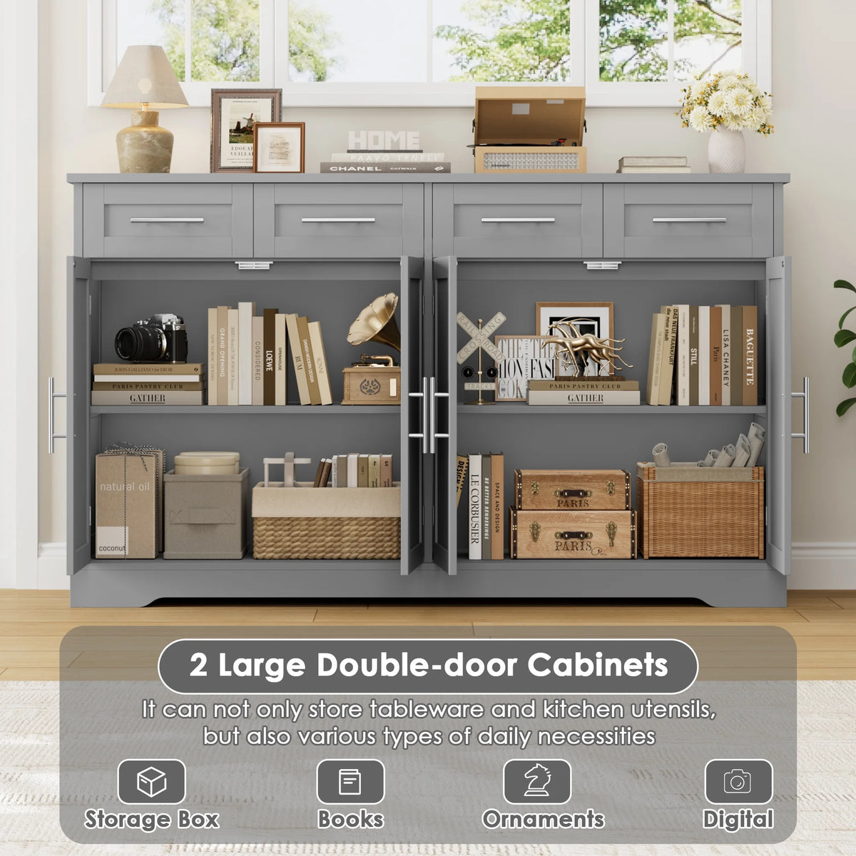Homfa Farmhouse Buffet Cabinet with 4 Drawers and 4 Doors, 59" W Sideboard Buffet Storage Cabinet with Shelves, for Kitchen Living Room Bedroom, Wash Gray