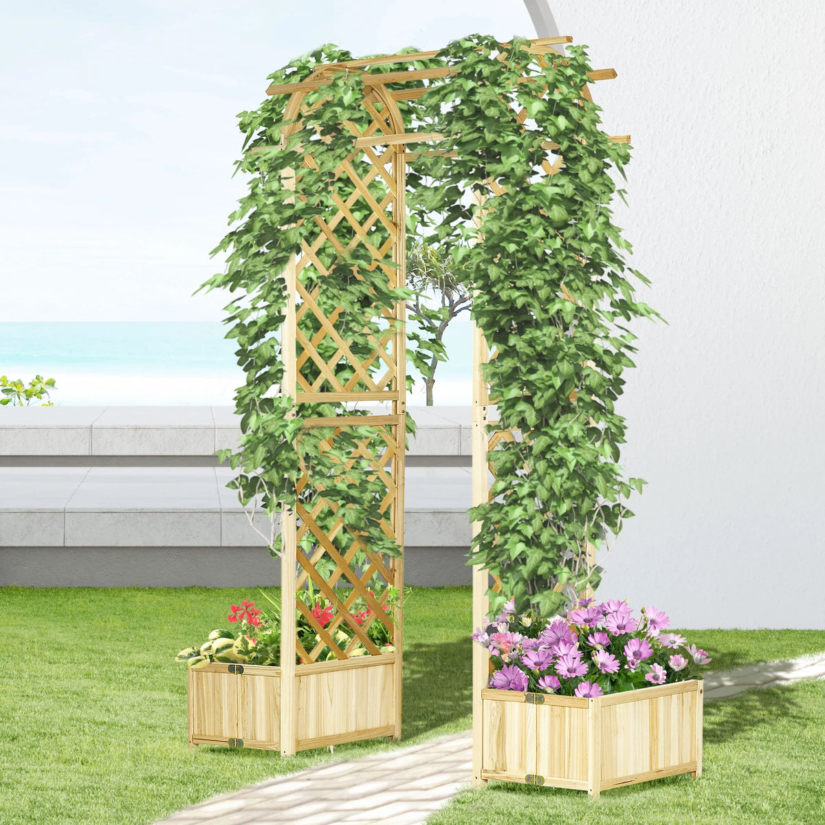 CAMSCH 85'' Premium Outdoor Wooden Arbor Arch with Trellis, Straight top, Pergola Arch for Climbing Plants, Wood Garden Yard Lattice, Wedding Arch for Ceremony, 63''(L) x 26''(W) x 85''(H)