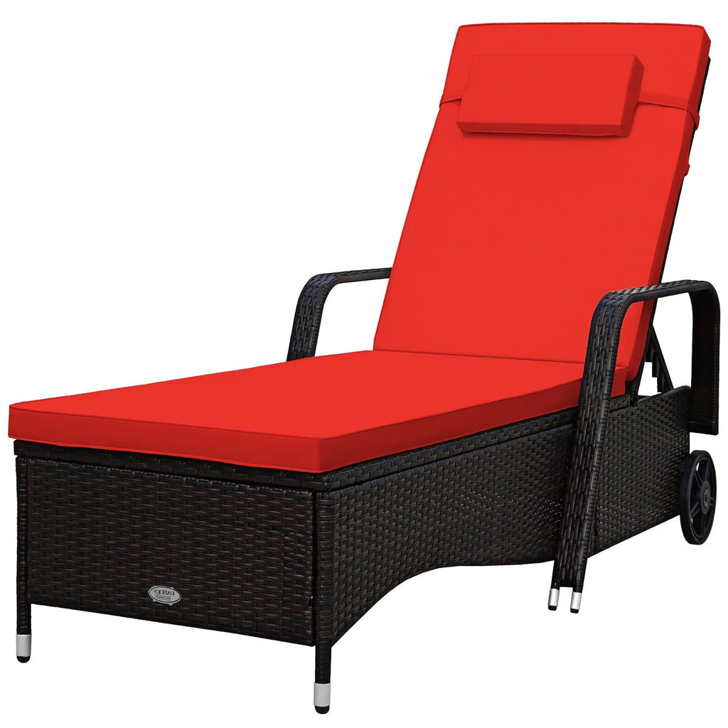 Gymax 2PCS Cushioned Outdoor Wicker Lounge Chair w/ Wheel Adjustable Backrest Red & Off White