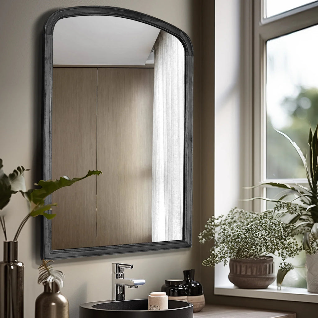 WallBeyond Wood Frame Rustic Arched Wall Mirror for Bathroom or Living Room Wall Decor, 24" �� 36", Natural Wood