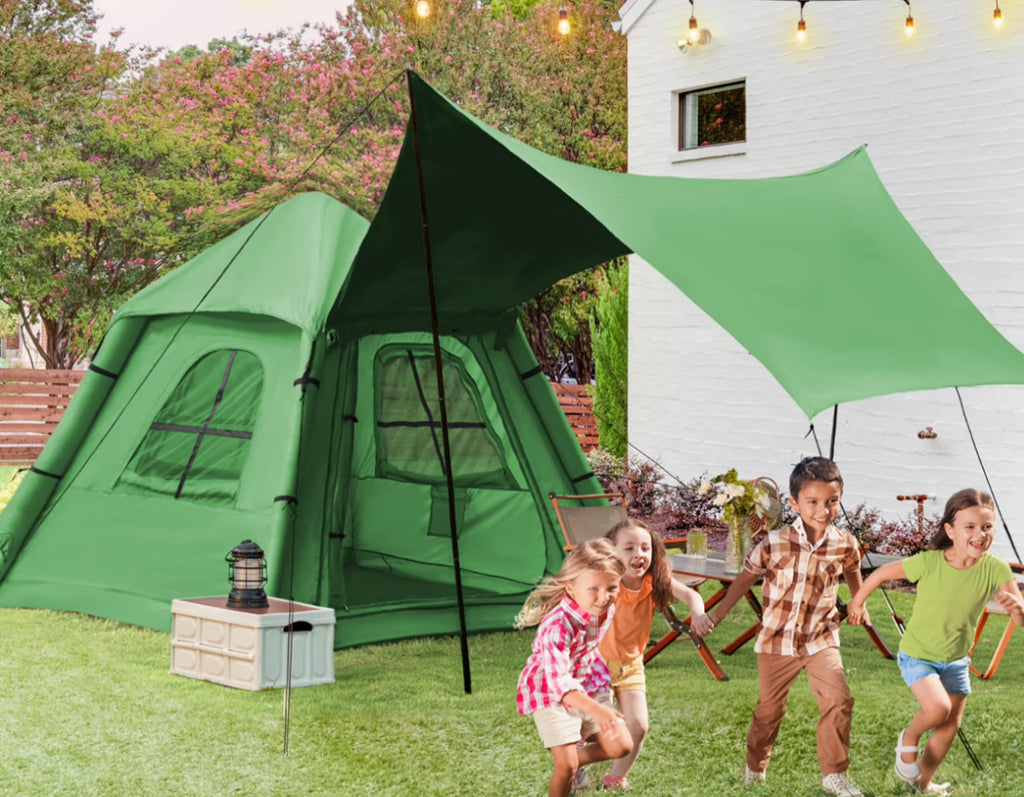 Erommy 3-4 Person Inflatable Tents for Camping with Large Rainproof Cover, Blow-Up Tent with Hand Pump, Easy Setup Tent House, Air Tent for Camping Adult,Beige