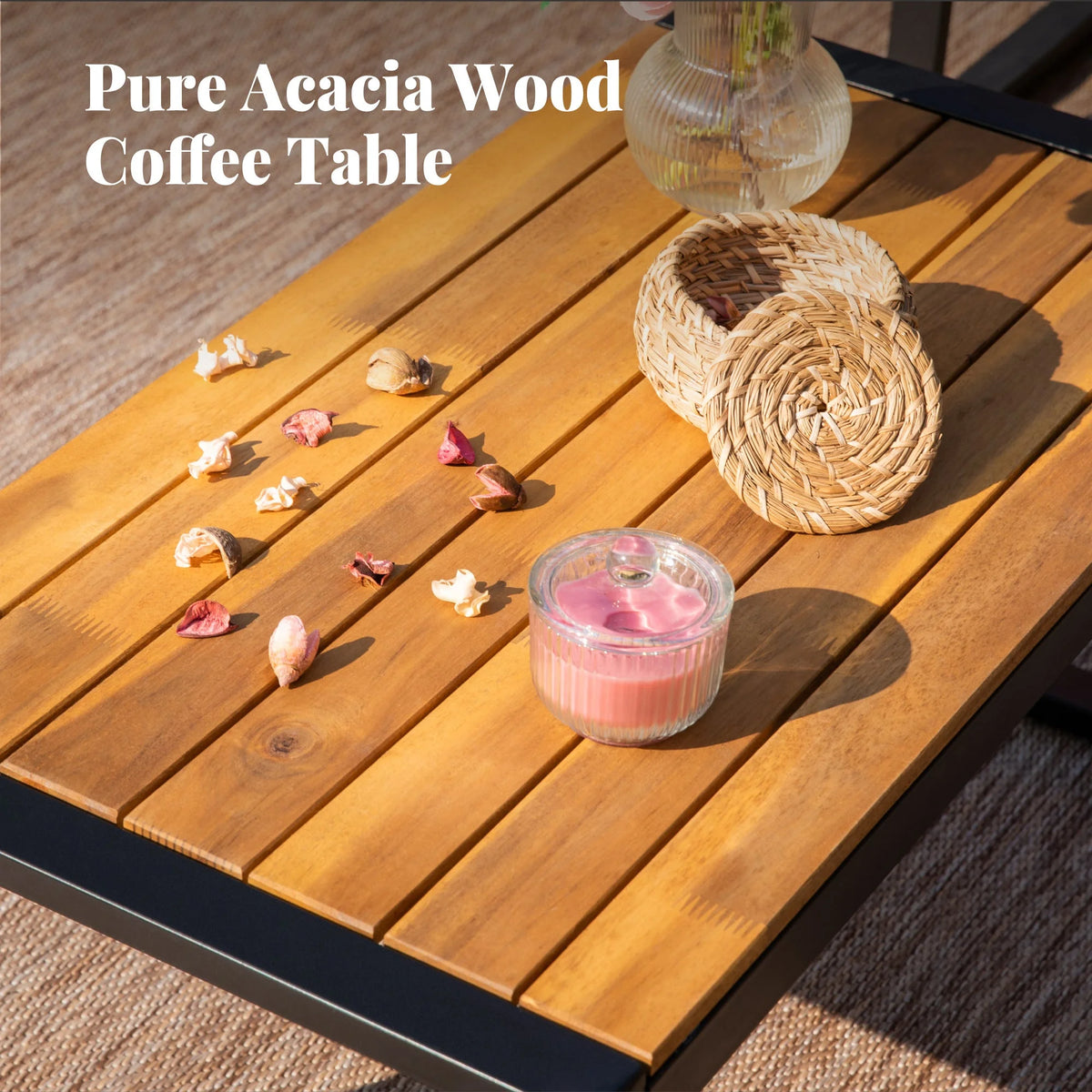 MF Studio 4-Piece All-Weather Rattan Patio Furniture Set, Outdoor Conversation Set with Wood Table, Brown and Beige