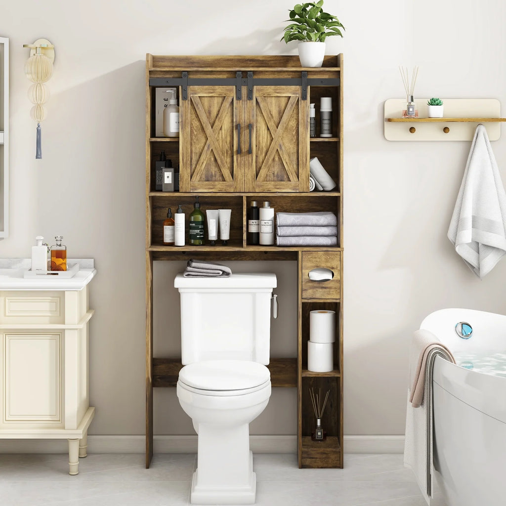 Over The Toilet Storage Cabinet, Farmhouse Storage Cabinet Over Toilet with Sliding Doors��Home Space-Saving Toilet Rack, for Bathroom, Restroom, Laundry