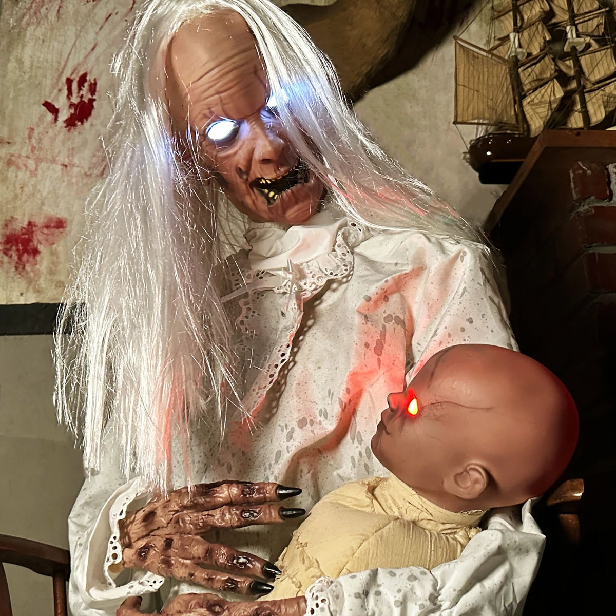 Haunted Hill Farm 2.9 ft Animatronic Gravely Granny by Tekky Halloween Decoration with Motion-Activated Sounds, HHGRVLYGRNY-1FLSA