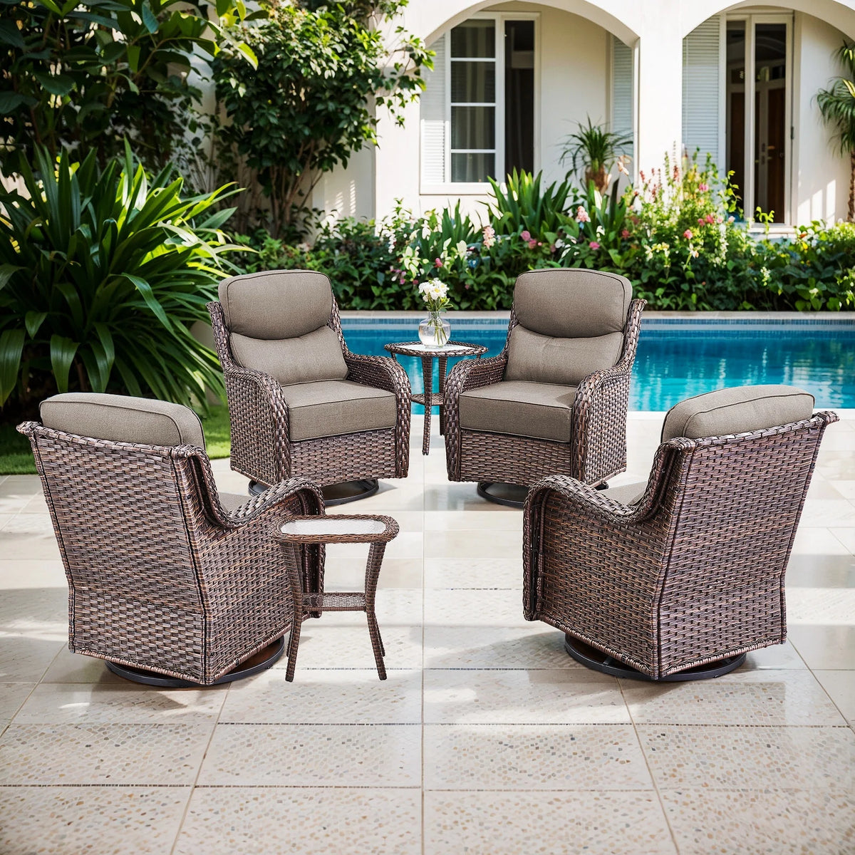Bellefurn Luxury Outdoor Patio Furniture Set,Swivel Rocker Patio Chairs with 6-inch Thick Cushion,Patio Sofa and Glass Coffee Table,Outdoor Conversation Set for Porch, Deck, Yard
