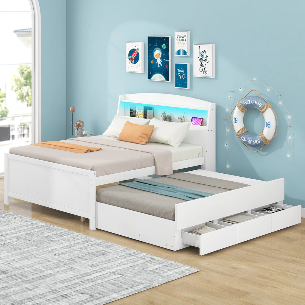 Euroco Wood Twin Size Platform Bed with Storage Headboard, Drawers Trundle and LED Light, White