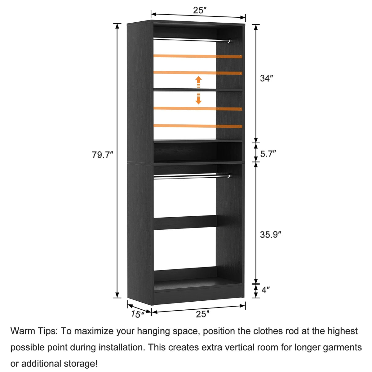 Homieasy 25�?Closet System, Freestanding Closet Organizer Wardrobe with Hanging Rods and Shelves, Adjustable Clothes Garment Rack, Sturdy Walk in Closet Tower, White
