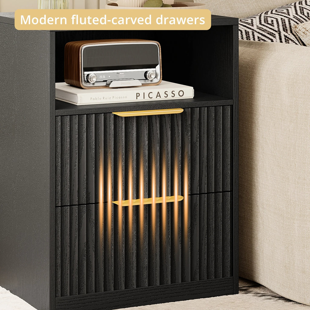 LIKIMIO Nightstand Set of 2, Fluted Bedside Table with Drawer Storage, Modern End Table Bedside Stand for Bedroom Living Room Office, Black