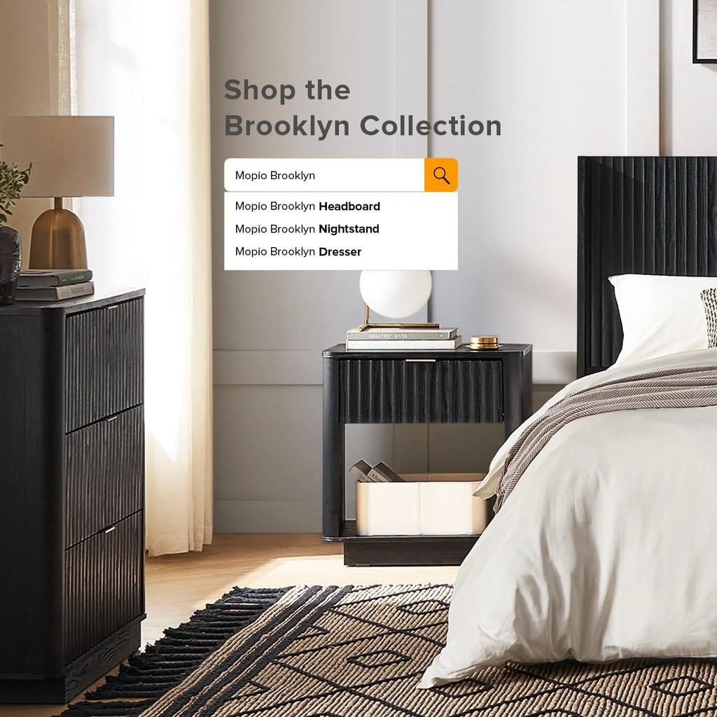 Mopio Brooklyn Oak Nightstand, Modern Farmhouse Side Table with Drawer and Storage, Fluted Panel, Curved Profile, Rose Gold Handle