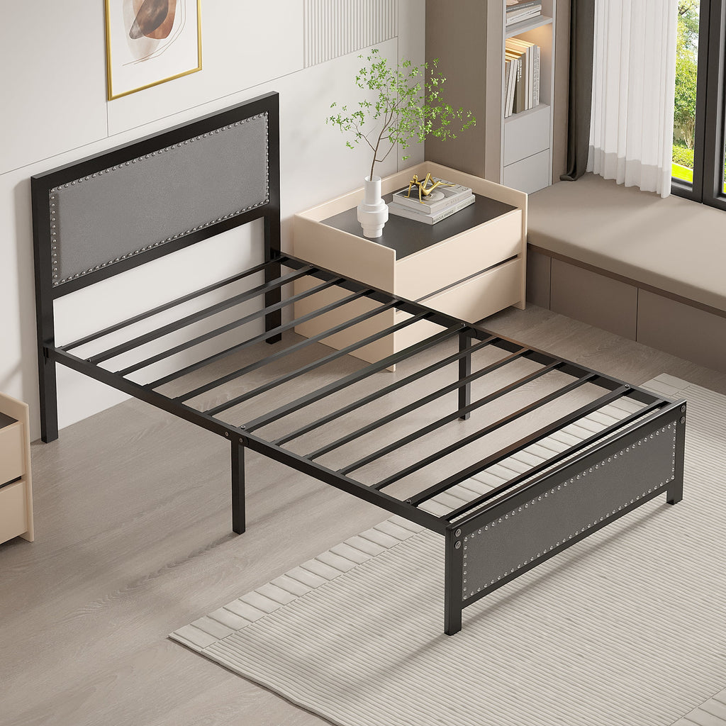 VECELO Queen Size Bed Frame Metal Platform Bed with Upholstered Headboard, No Box Spring Needed, Black