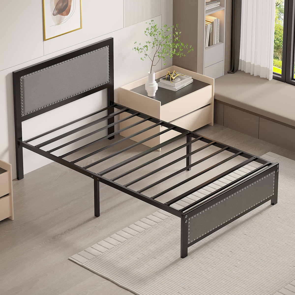 VECELO Queen Size Bed Frame Metal Platform Bed with Upholstered Headboard, No Box Spring Needed, Black