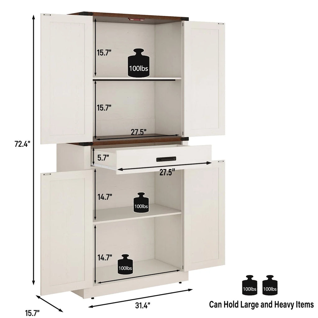 72" Tall Farmhouse Kitchen Pantry Cabinet w/1 Drawer & 4 Roomy Storage Shelves, Versatile Wood Storage Cabinet with 4 Barn Door & Adjustable Shelves &  for Dining Room Bathroom Utility Room