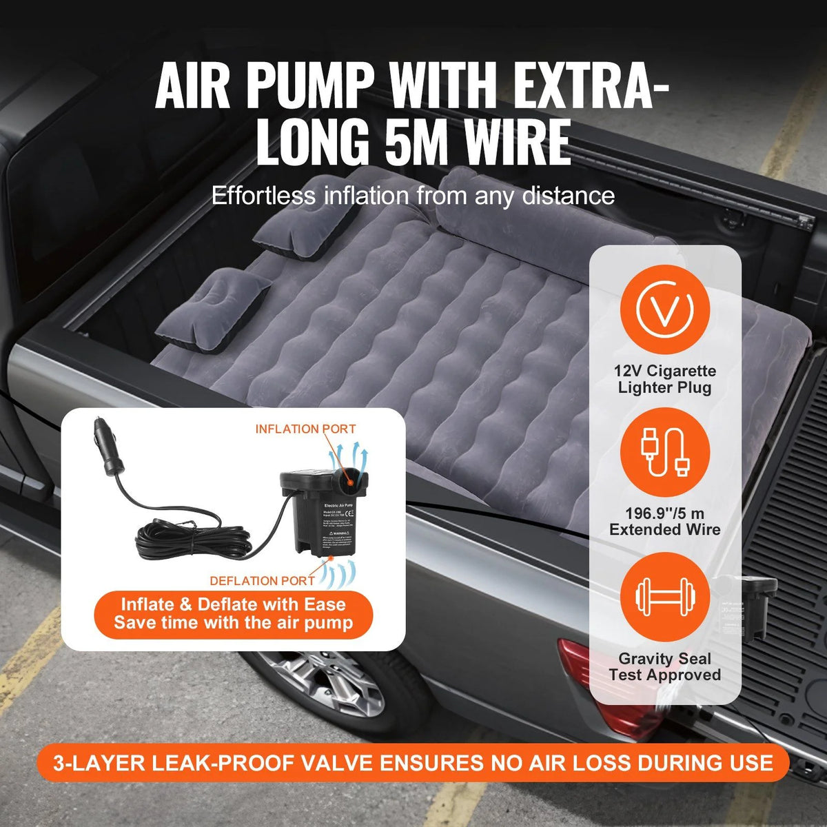 Truck Bed Air Mattress, for 6-6.5 ft Full Size Truck Beds, Carry Bag, for Chevrolet Silverado, Dodge Ram, Inflatable Air Mattress Camping Bed with 12V Air Pump 2 Pillows, Ford 150/250/350