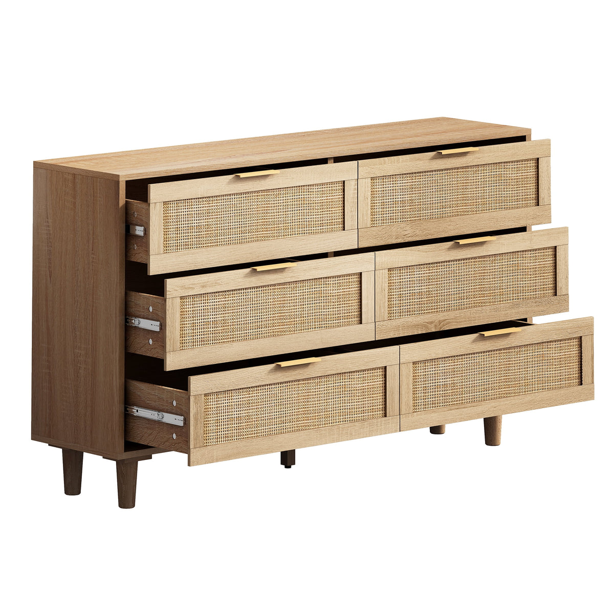 Wide 6 Drawer Rattan Dresser, Boho Dresser for Bedroom, Wooden Dresser Chest of Drawers, Natural