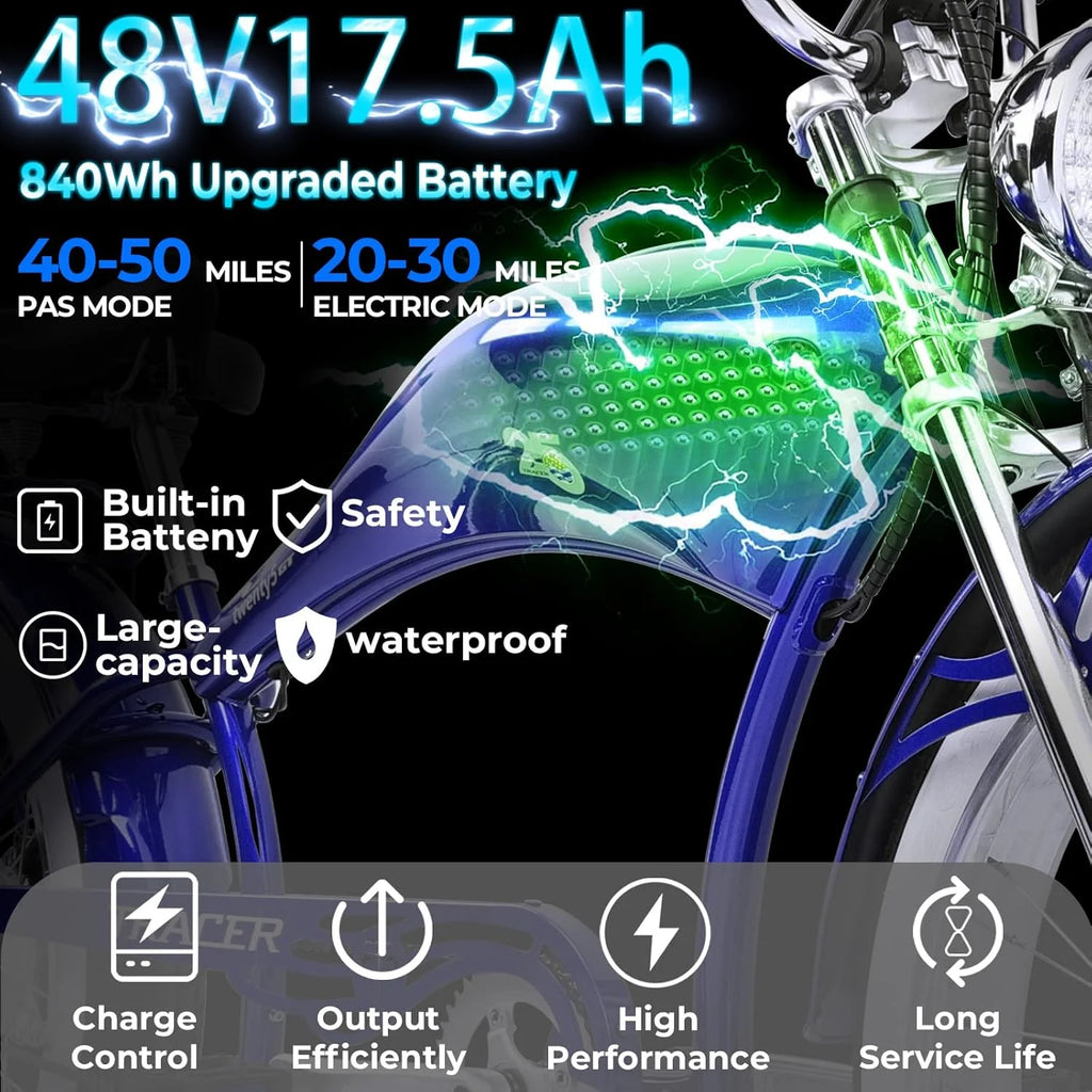 Twenty5 GT 800W Chopper Stretch Cruiser Ebike, 26" Wheels, Supsension Triple Tree Fork, White Wall Tire, Disc Brake, for Men, Blue