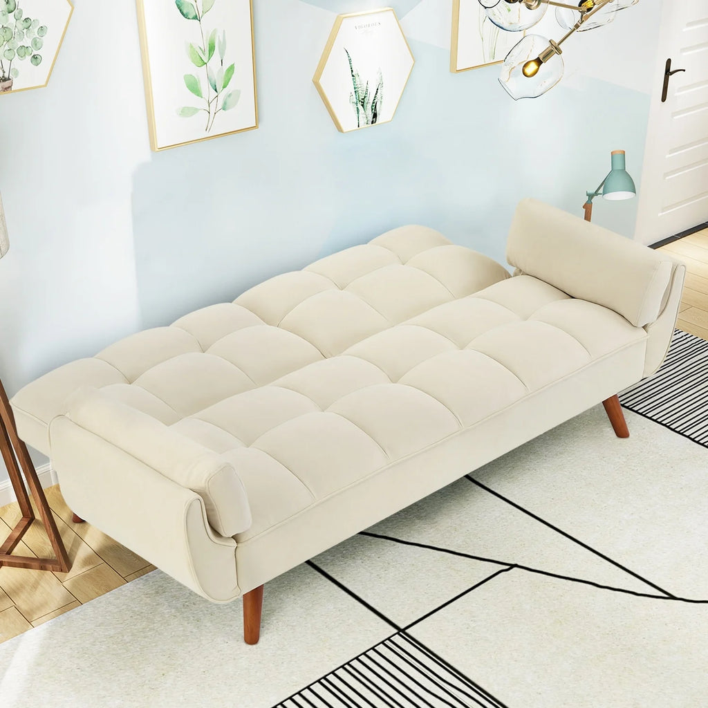 MILEMONT 75.39" Futon Sofa Bed, Convertible Folding Futon Couch Recliner Lounge For Living Room With 2 Pillow/Armrest Beige