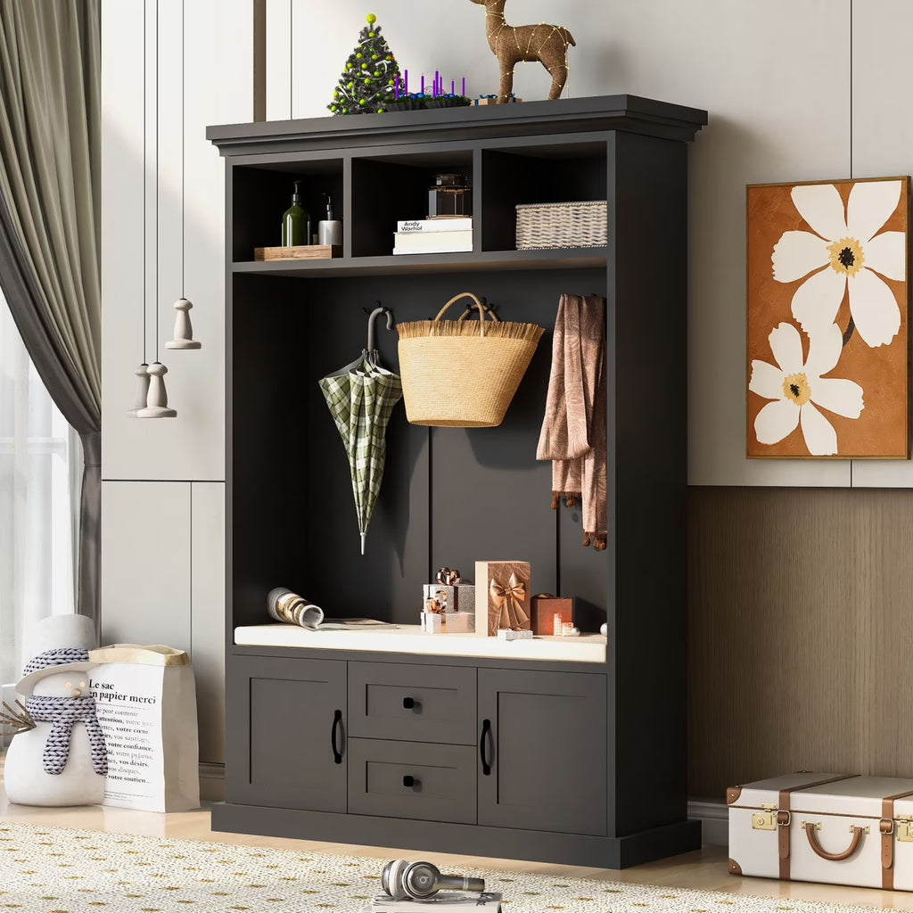 Triple Tree 3-in-1 Modern Wooden Tiger Entryway Bench Storage Cabinet Hall Tree