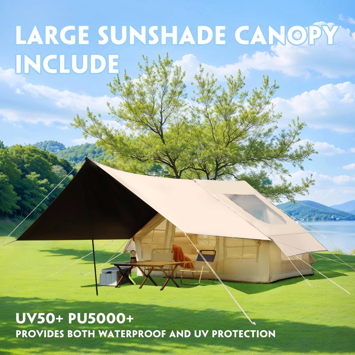 Erommy 3-4 Person Inflatable Tents for Camping with Large Rainproof Cover, Blow-Up Tent with Hand Pump, Easy Setup Tent House, Air Tent for Camping Adult,Beige