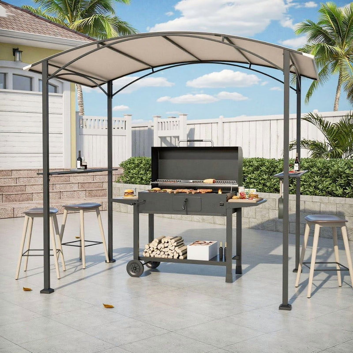ALAULM 10' X 10' Outdoor Hardtop Grill Gazebo, Steel BBQ Gazebo with Multi-Tier Shelves Permanent & Independent Countertop for Patio Backyard Lawn Garden (Dark)