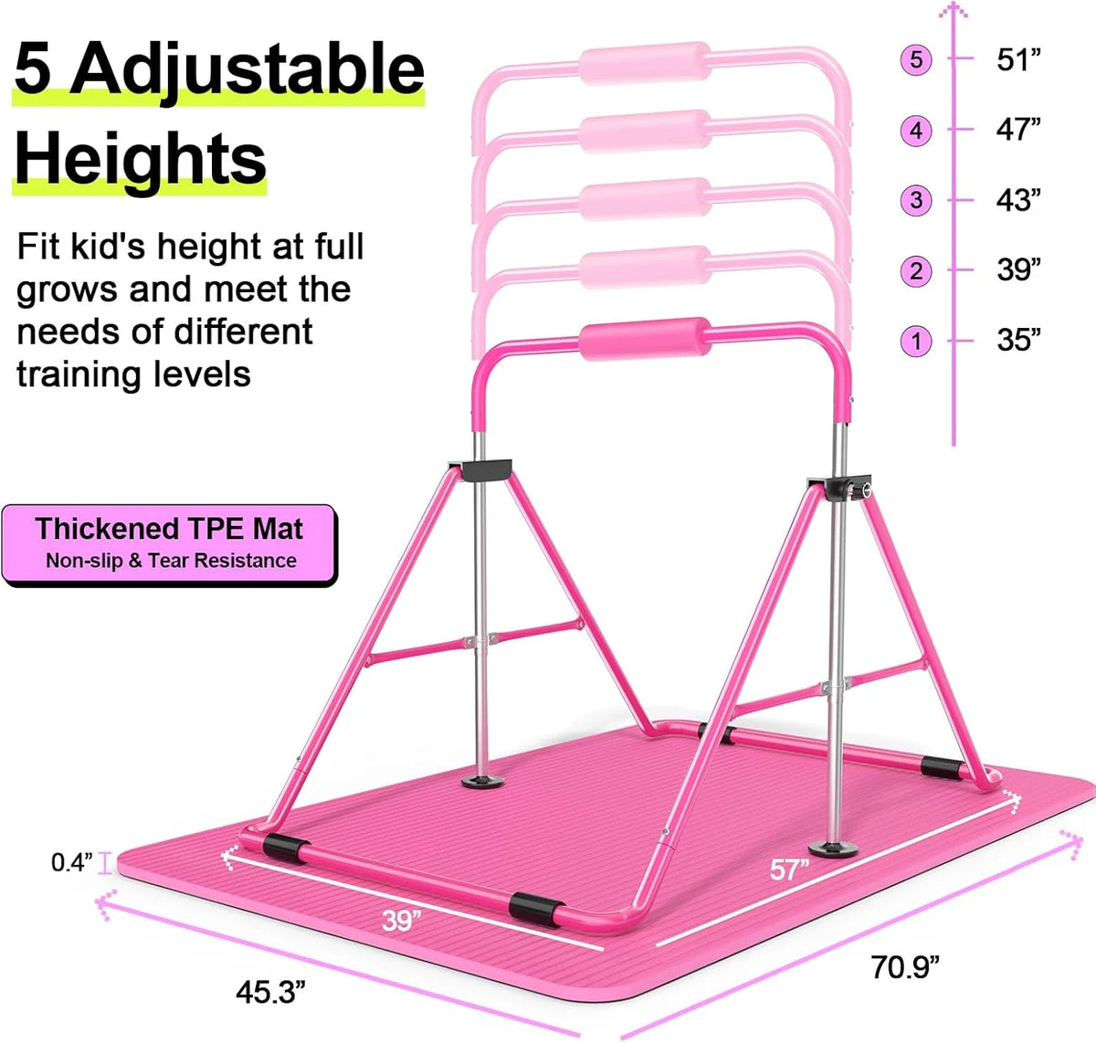 Safly Fun Gymnastics Bar with Mat for Kids, Height Adjustable Junior Training Bar Mat for Home, Folding Gymnastic Horizontal Bars Equipment (Pink+Mat)