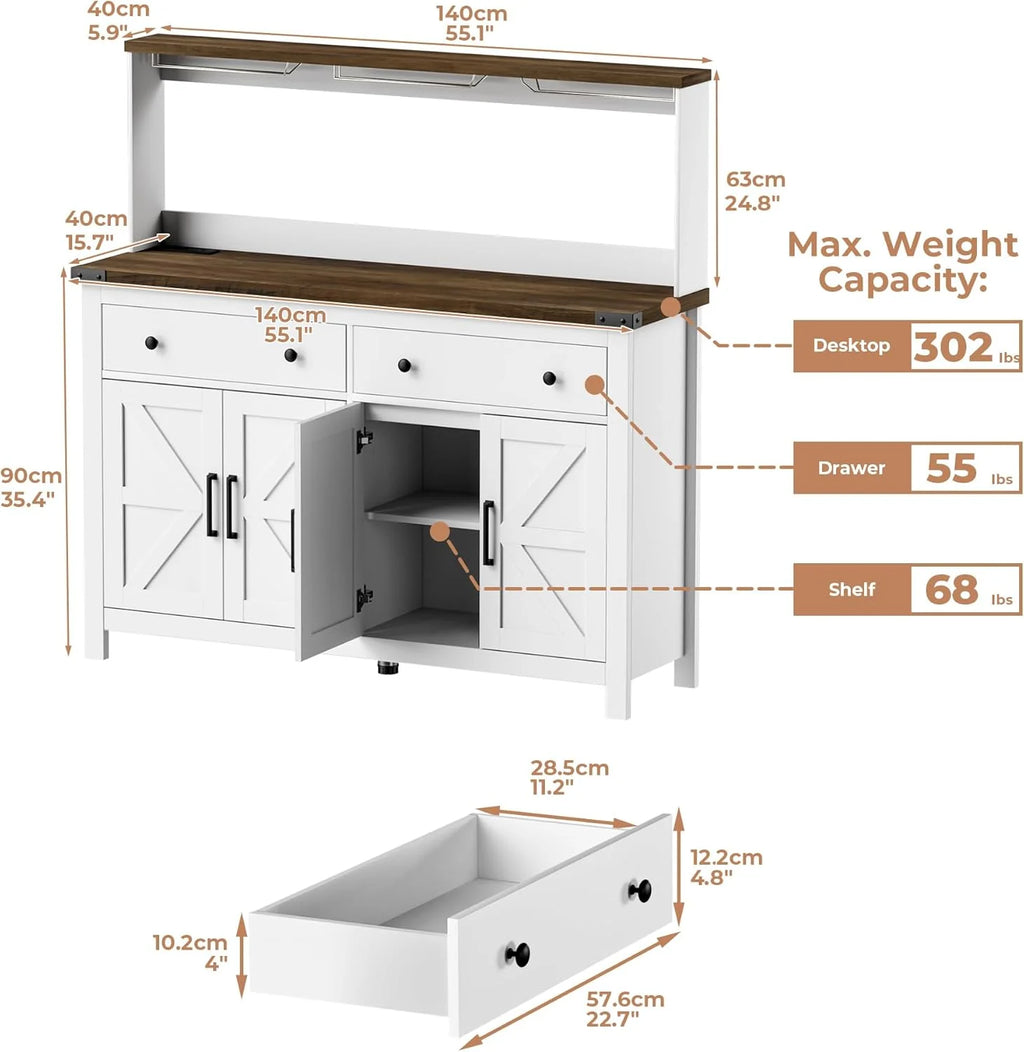 Winkalon Coffee Bar Cabinet with Hutch, 55" W Kitchen Buffet Sideboard Cabinet with 2 Drawers & USB Power Station, Black